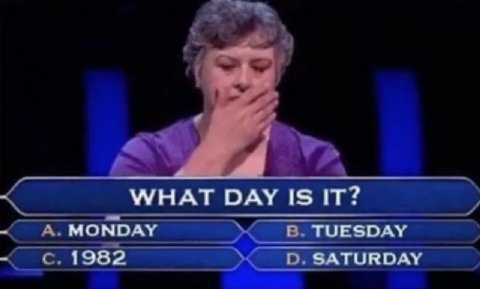 a WHAT DAY IS IT? MONDAY TUESDAY 1982 SATURDAY