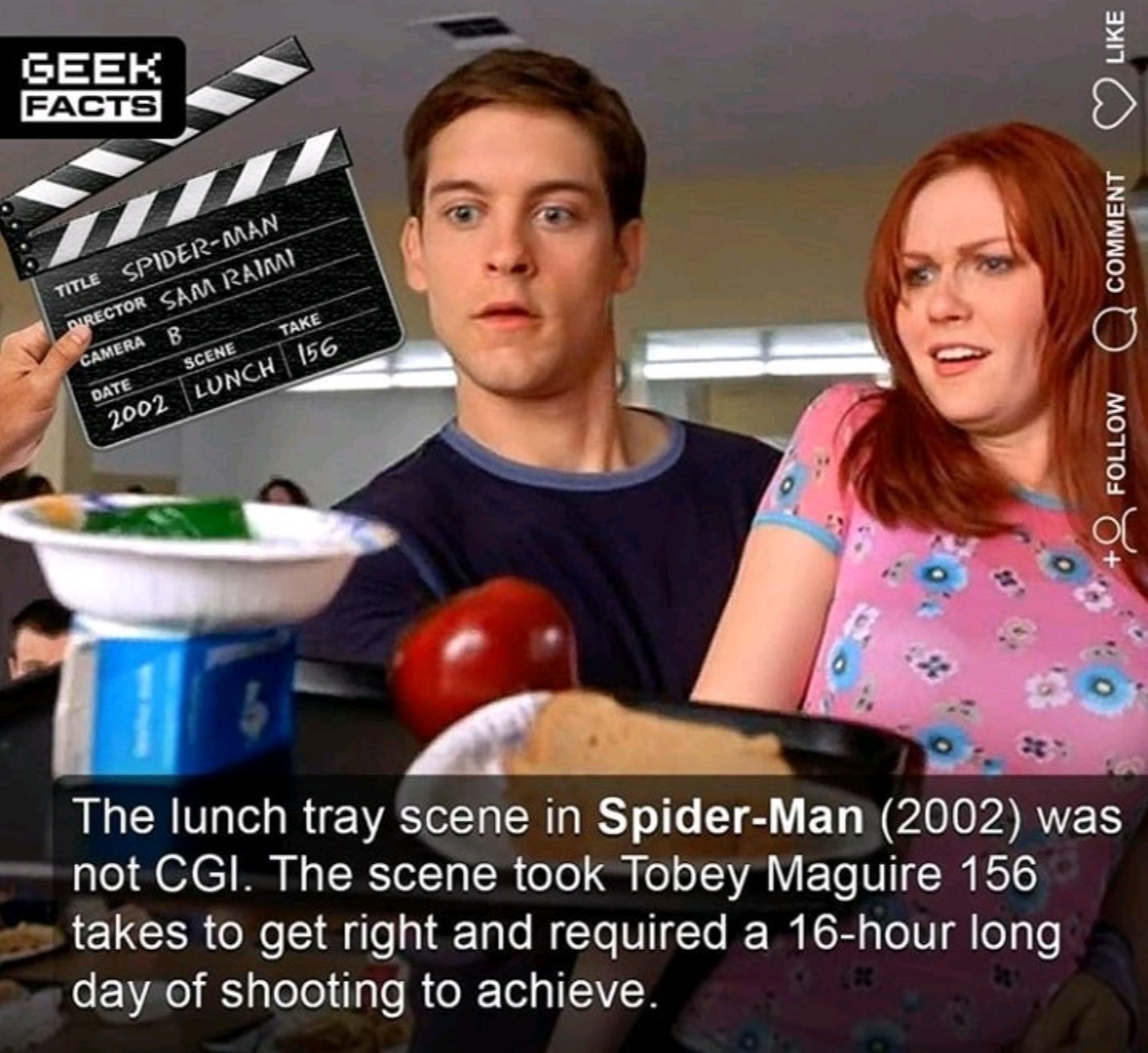 GEEK и А о 9 1 The lunch tray scene in Spider-Man (2002) was not CGI. The scene took Tobey Maguire 156 takes to get right and required a 16-hour long day of shooting to achieve.