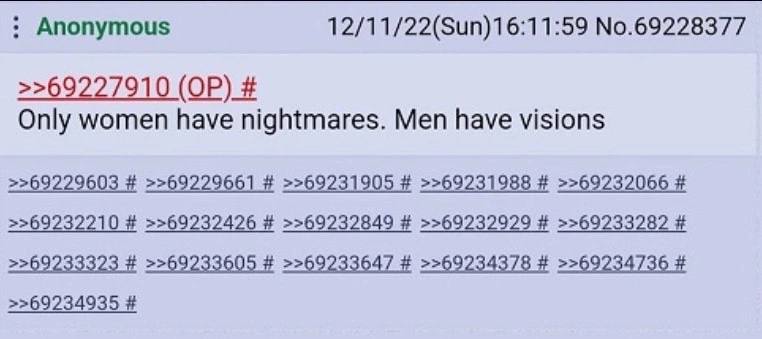 Anonymous 12/11/22(Sun)16:11:59 No.69228377 >>69227910 Only women have nightmares. Men have visions >>69229603 >>69229661 >>69231905 >>69231988 >>69232066 >>69232210 >>69232426 >>69232849 >>69232929 >