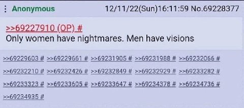 Anonymous 12/11/22(Sun)16:11:59 No.69228377 >>69227910 Only women have nightmares. Men have visions >>69229603 >>69229661 >>69231905 >>69231988 >>69232066 >>69232210 >>69232426 >>69232849 >>69232929 >