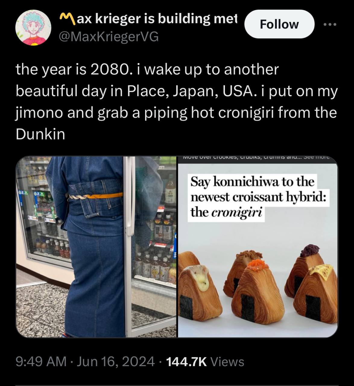 Мах krieger is building met the year is 2080. i wake up to another beautiful day in Place, Japan, USA. i put on my jimono and grab a piping hot cronigiri from the Dunkin Say konnichiwa to the newest c