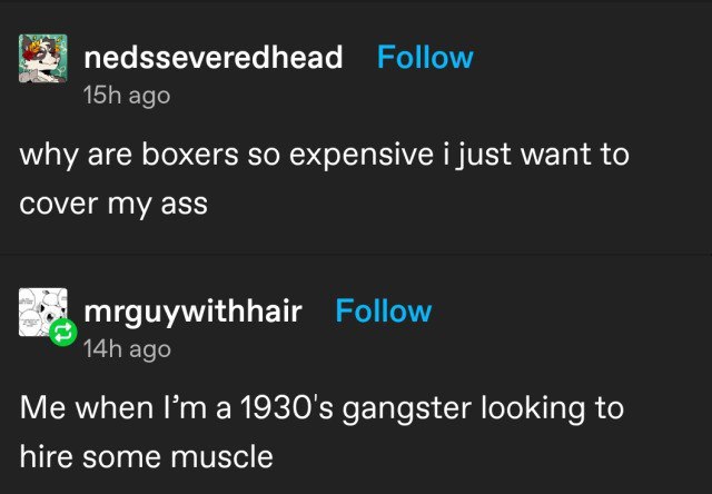 nedsseveredhead Follow ago why are boxers so expensive i just want to cover my ass mrguywithhair Follow ago Me when a gangster looking to hire some muscle