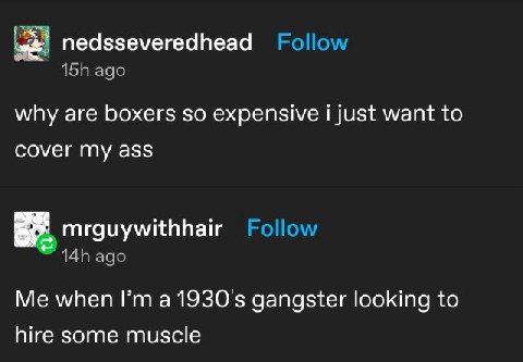 nedsseveredhead Follow ago why are boxers so expensive i just want to cover my ass mrguywithhair Follow ago Me when a gangster looking to hire some muscle
