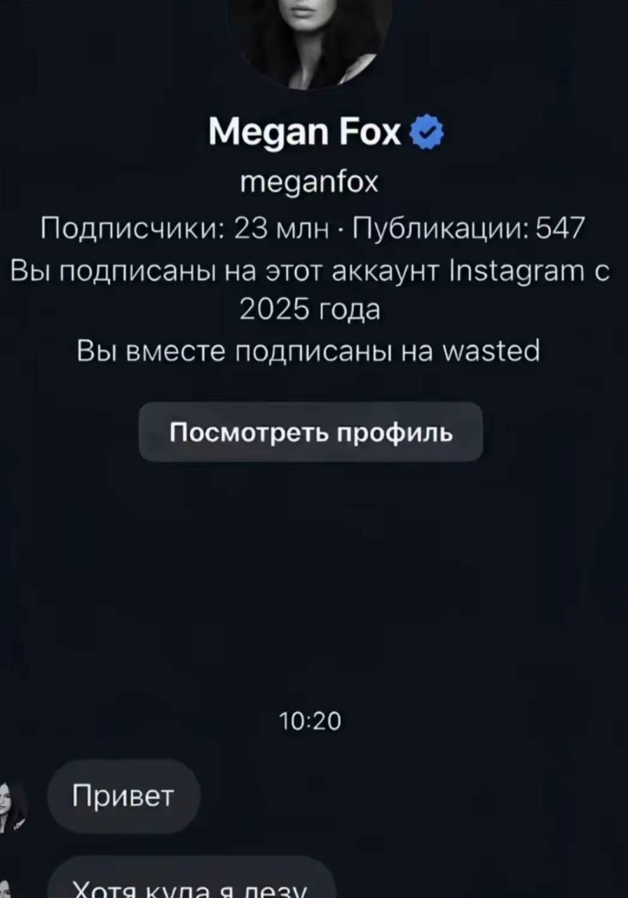Megan Fox meganfox Подписчики: 23 млн Публикации: 547 Вы подписаны на этот аккаунт Instagram с 2025 года Вы вместе подписаны на wasted Посмотреть профиль 10:20 Привет Мата к\/па а паз\,