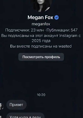 Megan Fox meganfox Подписчики: 23 млн Публикации: 547 Вы подписаны на этот аккаунт Instagram с 2025 года Вы вместе подписаны на wasted Посмотреть профиль 10:20 Привет Мата к\/па а паз\,