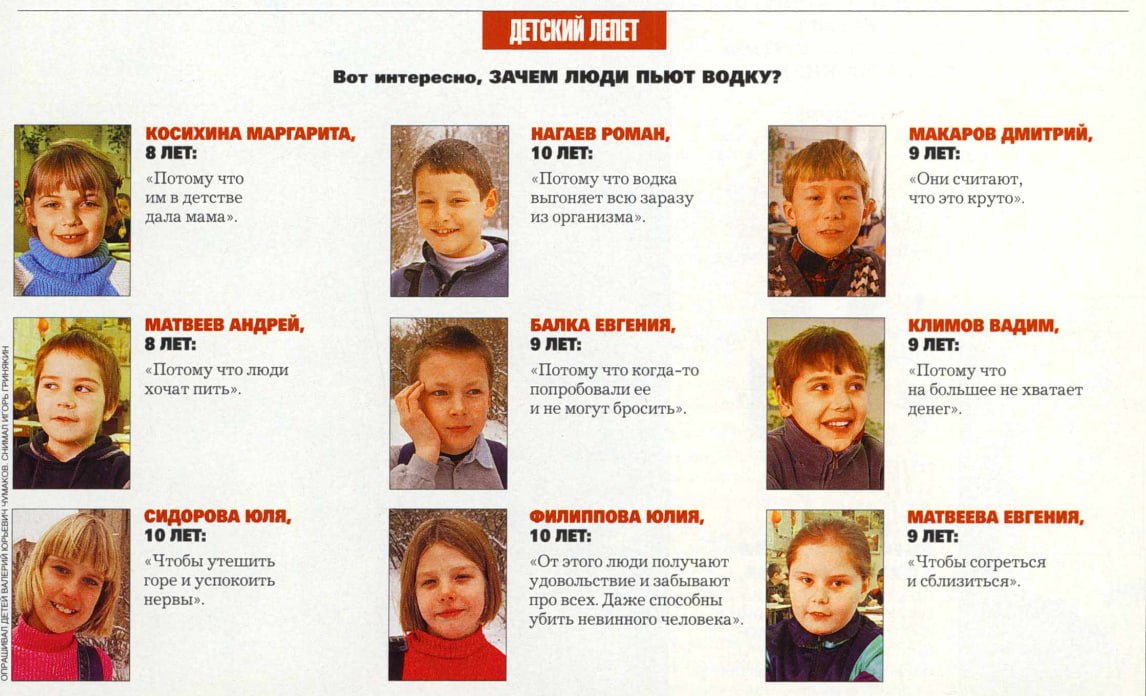Журнал "Огонек" выясняет у детей, зачем взрослые пьют водку. Выпуск №4648, 2000 год