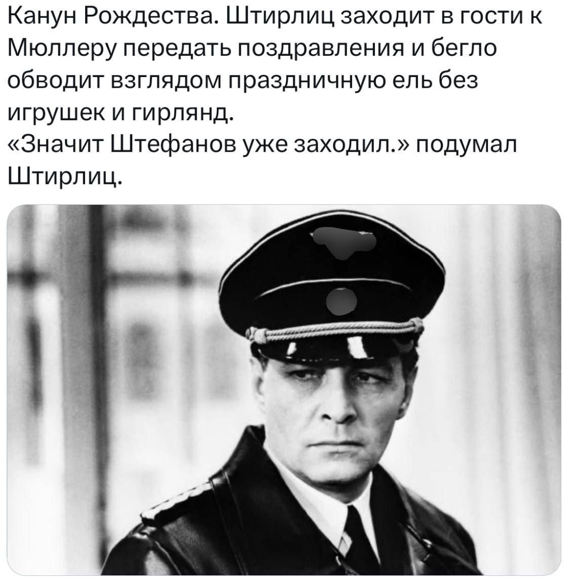 Канун Рождества. Штирлиц заходит в гости к Мюллеру передать поздравления и бегло обводит взглядом праздничную ель без игрушек и гирлянд. «Значит Штефанов уже заходил.» подумал Штирлиц.
