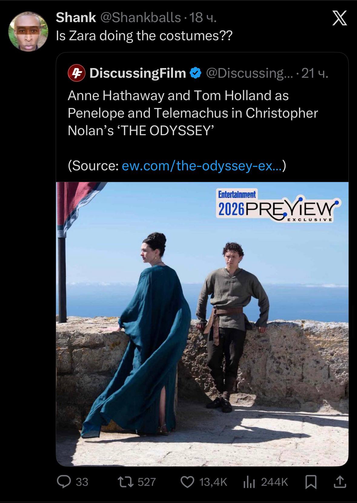 Shank Is Zara doing the costumes?? DiscussingFilm Anne Hathaway and Tom Holland as Penelope and Telemachus in Christopher Nolan’s ‘THE ODYSSEY’ (Source: