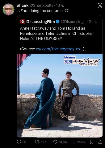Shank Is Zara doing the costumes?? DiscussingFilm Anne Hathaway and Tom Holland as Penelope and Telemachus in Christopher Nolan’s ‘THE ODYSSEY’ (Source:
