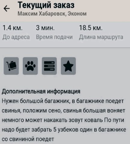Текущий заказ Максим Хабаровск, Эконом 1.4 мин. 18.5 До адреса Время подачи Длина маршрута weer Дополнительная информация Нужен большой багажник, в багажнике поедет свинья, положим сено, свинья больша