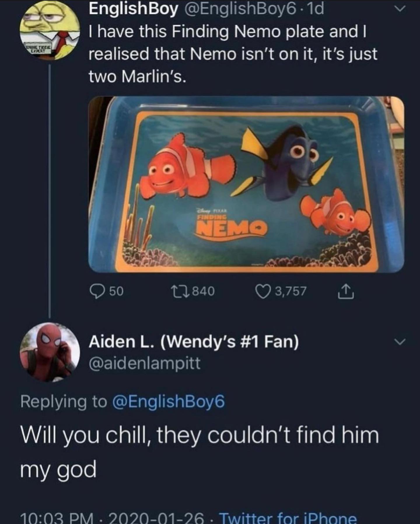 EnglishBoy @EnglishBoy6 have this Finding Nemo plate and realised that Nemo isn’t it, it’s just two Marlin’s. у Ose 3,757 Aiden (Wendy’s #1 Fan) @aidenlampitt Replying to @EnglishBoy6 Will you chill, 