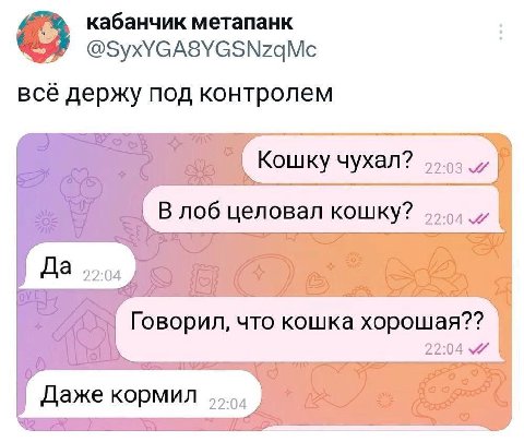 кабанчик метапанк всё держу под контролем Кошку чухал? 55.55 В лоб целовал кошку? 55.5) 7 Говорил, что кошка хорошая??