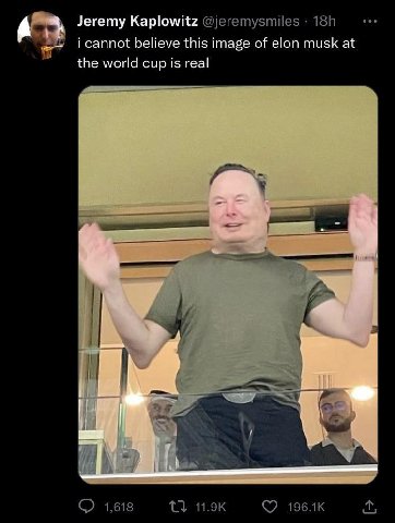 Jeremy Kaplowitz @jeremysmiles i cannot believe this image of elon musk at the world cup is real 1,618