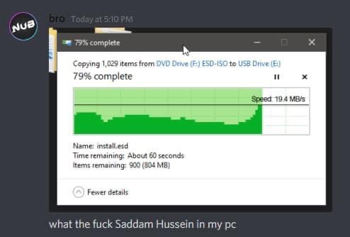 79% complete Copying 1,029 items from DVD Drive ESD-ISO to USB Drive 79% complete i Speed 19.4 MB/s Name: install.esd Time remaining: About 60 seconds Items remaining: 900 (804 Fewer details what the 