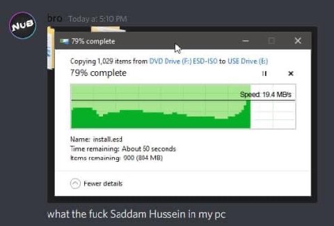 79% complete Copying 1,029 items from DVD Drive ESD-ISO to USB Drive 79% complete i Speed 19.4 MB/s Name: install.esd Time remaining: About 60 seconds Items remaining: 900 (804 Fewer details what the 