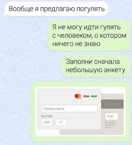 Вообще я предлагаю погулять Я не могу идти гулять с человеком, о котором ничего не знаю Заполни сначала небольшую анкету VISA МИР VALID THRU