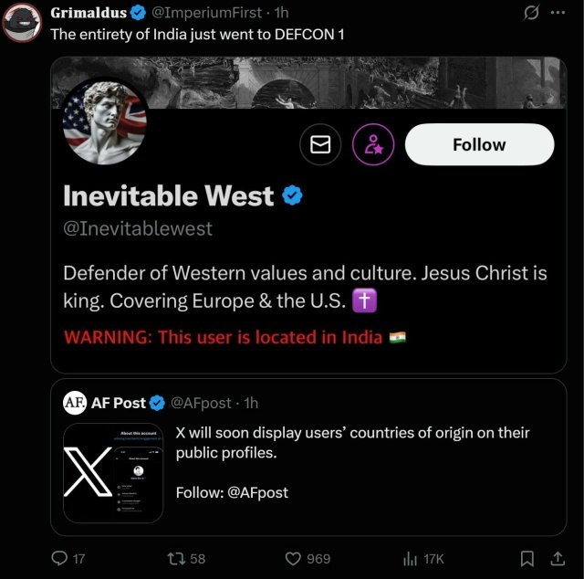 The entirety of India just went to DEFCON 1 я Inevitable West Defender of Western values and culture. Jesus Christ is king. Covering Europe the Post will soon display users’ countries of origin on the
