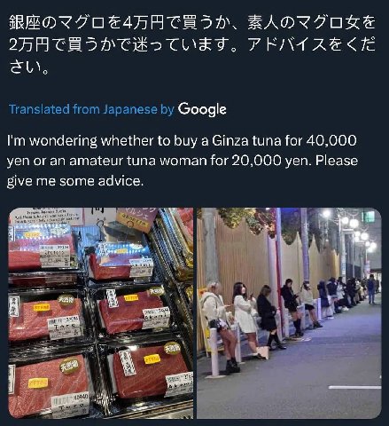 Translated from Japanese Google wondering whether to buy a Ginza tuna for 40,000 yen or an amateur tuna woman for 20,000 yen. Please give me some advice. i} 0940