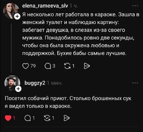 elena_rameeva_siv Я несколько лет работала в караоке. Зашла в женский туалет и наблюдаю картину: забегает девушка, в слезах из-за своего мужика. Понадобилось ровно две секунды, чтобы она была окружена