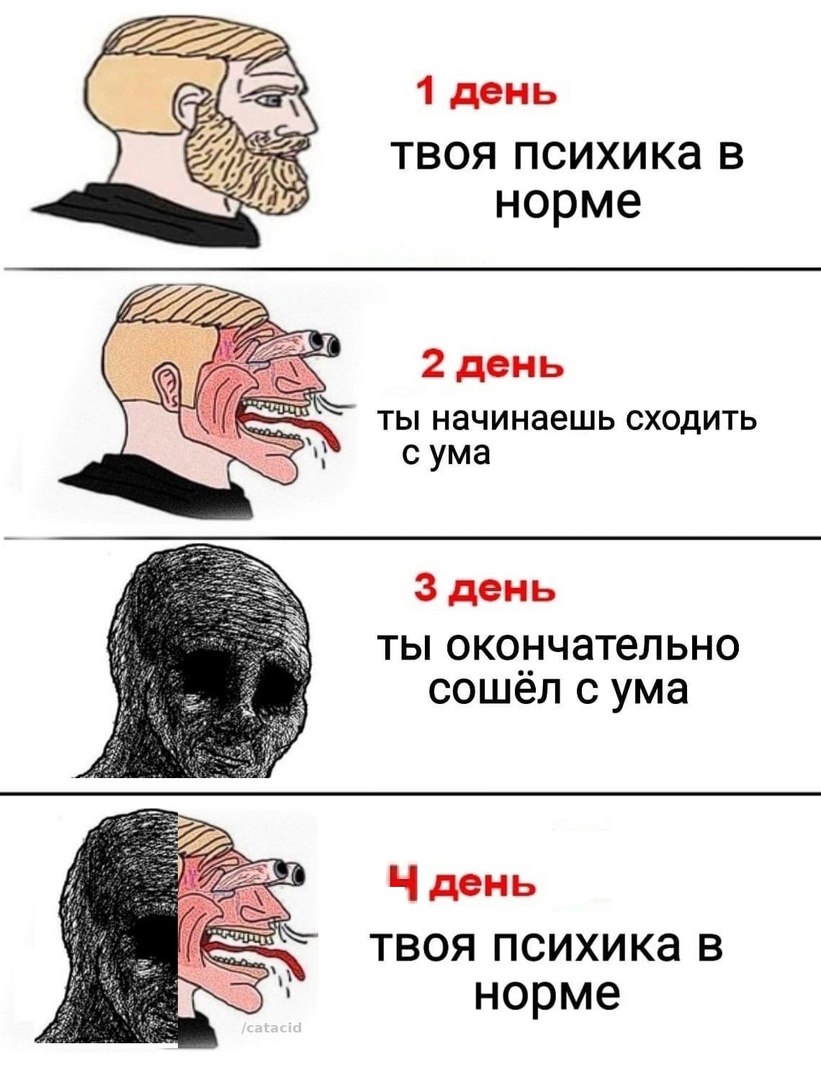 1 день твоя психика в норме 2 день 0 ты начинаешь сходить с ума 3 день ты окончательно сошёл с ума GES день твоя психика в норме
