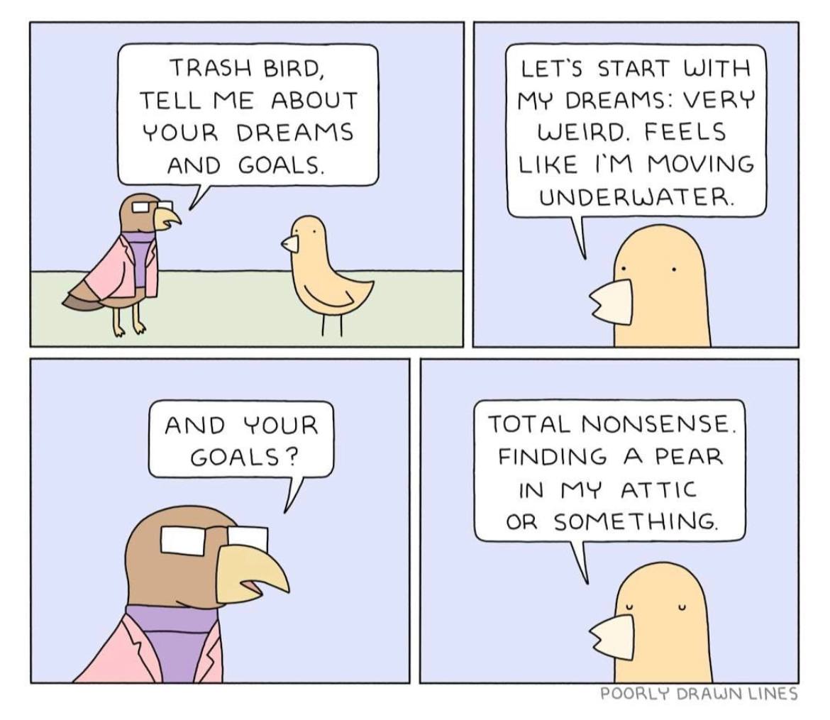 TRASH BIRD, LET'S START WITH TELL ME ABOUT MY DREAMS: VERY YOUR DREAMS WEIRD. FEELS AND GOALS. LIKE MOVING ony UNDERWATER. AND YOUR TOTAL NONSENSE. GOALS FINDING A PEAR IN MY ATTIC OR SOMETHING. a POO