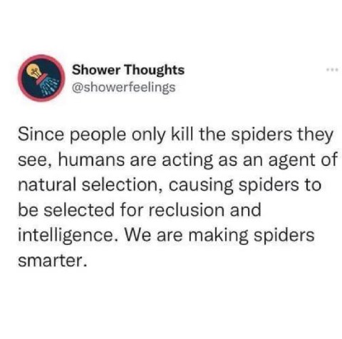 Shower Thoughts @showerfeelings Since people only kill the spiders they see, humans are acting as an agent of natural selection, causing spiders to be selected for reclusion and intelligence. We are m