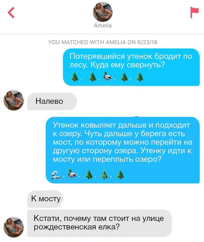 Amelia YOU MATCHED WITH AMELIA ON 6/23/18 Потерявшийся утенок бродит по лесу. Куда ему свернуть? Налево Утенок ковыляет дальше и подходит к озеру. Чуть дальше у берега есть мост, по которому можно пер