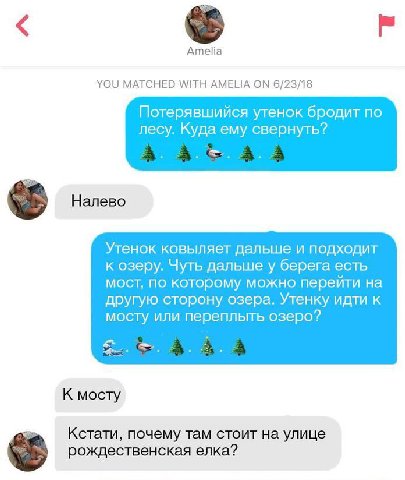 Amelia YOU MATCHED WITH AMELIA ON 6/23/18 Потерявшийся утенок бродит по лесу. Куда ему свернуть? Налево Утенок ковыляет дальше и подходит к озеру. Чуть дальше у берега есть мост, по которому можно пер