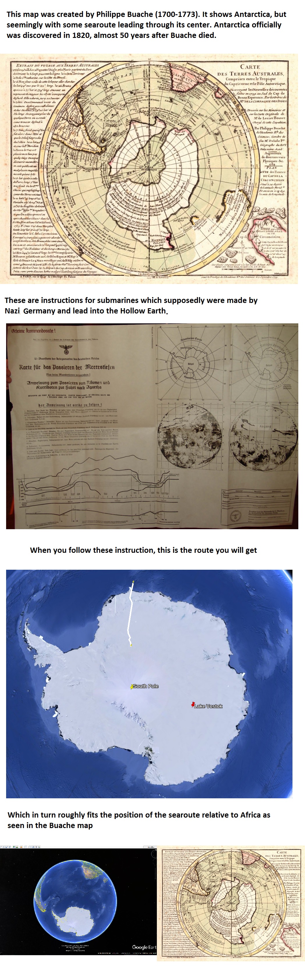 This map was created Philippe Buache (1700-1773). It shows Antarctica, but seemingly with some searoute leading through its center. Antarctica officially was discovered in 1820, almost 50 years after 