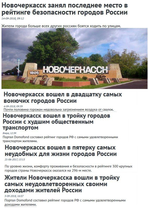 Новочеркасск занял последнее место в реитинге безопасности городов России 14-09-2018, 09:12 Жители города больше всех других россиян боятся ходить по улицам. Новочеркасск вошел в двадцатку самых вонюч