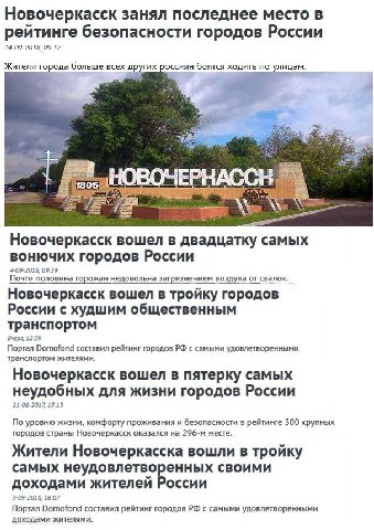 Новочеркасск занял последнее место в реитинге безопасности городов России 14-09-2018, 09:12 Жители города больше всех других россиян боятся ходить по улицам. Новочеркасск вошел в двадцатку самых вонюч