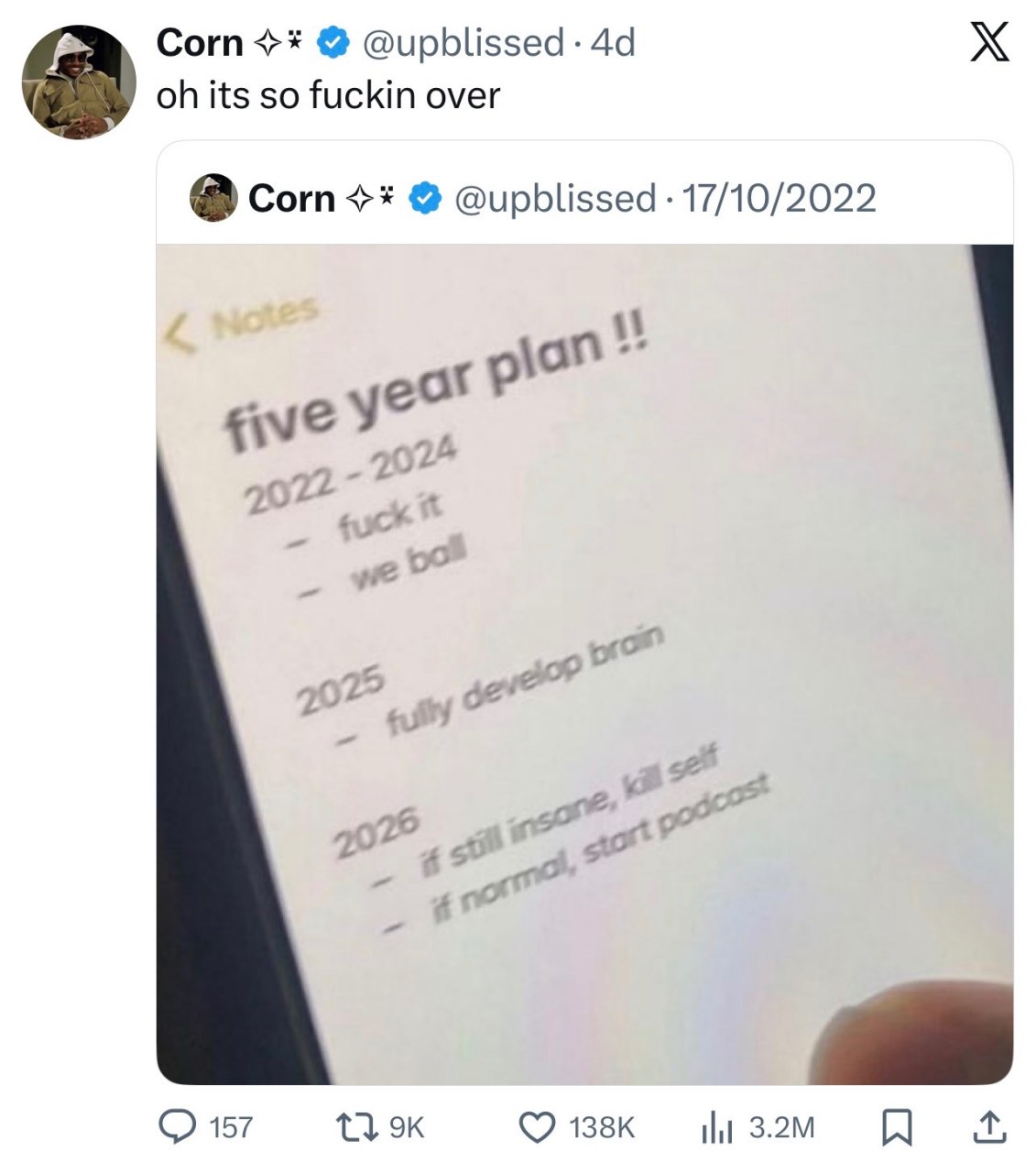 Corn @upblissed its so fuckin over сот @upblissed 17/10/2022 и 157