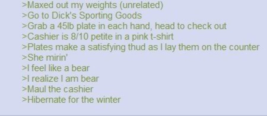 >Maxed out my weights (unrelated) to Dick's Sporting Goods >Grab а 456 plate in each hand, head to check out >Cashier is 8/10 petite in a pink t-shirt >Plates make a satisfying thud as lay them on the