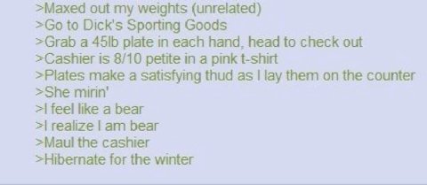 >Maxed out my weights (unrelated) to Dick's Sporting Goods >Grab а 456 plate in each hand, head to check out >Cashier is 8/10 petite in a pink t-shirt >Plates make a satisfying thud as lay them on the