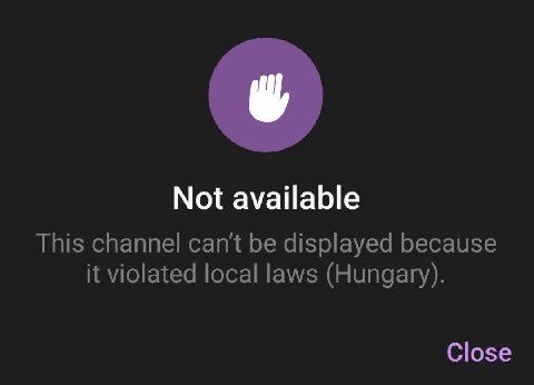 Not available This channel cant be displayed because it violated local laws (Hungary). Close