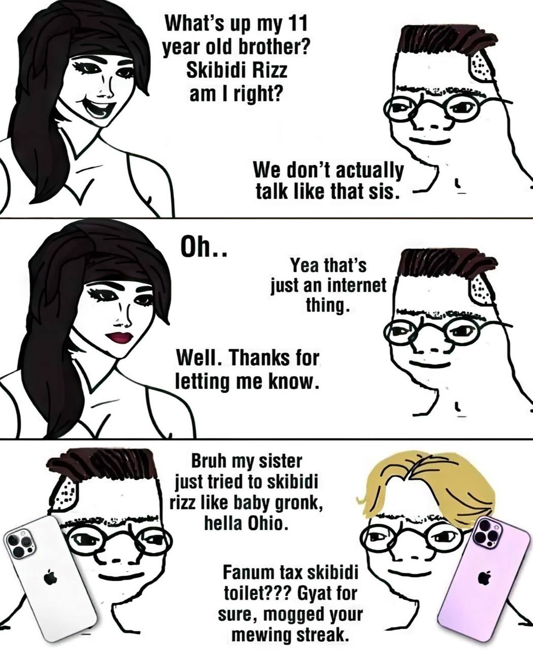 What’s up my 11 year old brother? Skibidi Rizz right? У We don’t actually talk like that sis. Yea that’s just an internet thing. CaO Well. Thanks for letting me know. Bruh my sister just tried to skib