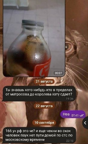 00:07 4 21 августа Ты знаешь кого нибудь кто в пределах от матросова до королева хату сдает? 22 августа Неа 97-41 10 сентября 166 это че? и еще чекни во скок человек паук нет пути домой по стс по моск