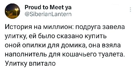 Proud to Meet @SiberianLantern История на миллион: подруга завела улитку, было сказано купить ОНОЙ ОПИЛКИ для домика, она взяла наполнитель для кошачьего туалета. Улитку впитало