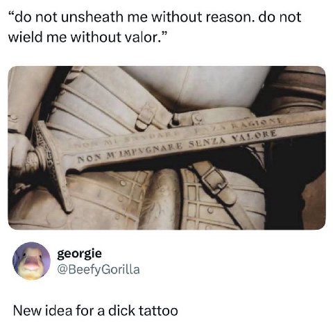 not unsheath me without reason. not wield me without valor.” SENL губ georgie У @BeefyGorilla New idea for a dick tattoo