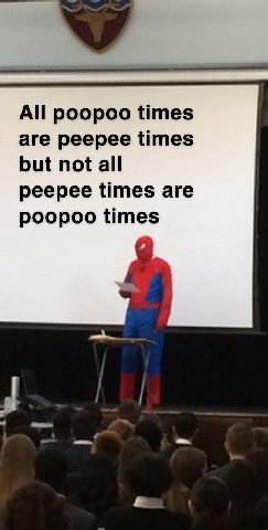 All poopoo times are peepee times but not all peepee times are poopoo times