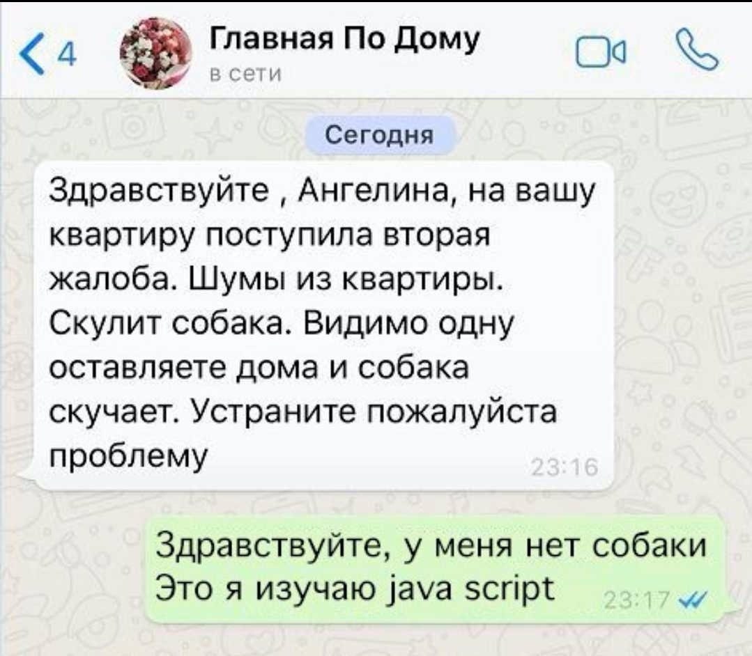 Главная По Дому в сети Сегодня Здравствуйте Ангелина, на вашу квартиру поступила вторая жалоба. Шумы из квартиры. Скулит собака. Видимо одну оставляете дома и собака скучает. Устраните пожалуйста проб