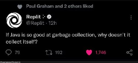 Paul Graham and 2 others liked Replit я @Replit С Java is so good at garbage collection, why doesn't it collect itself? 79 192 1.746