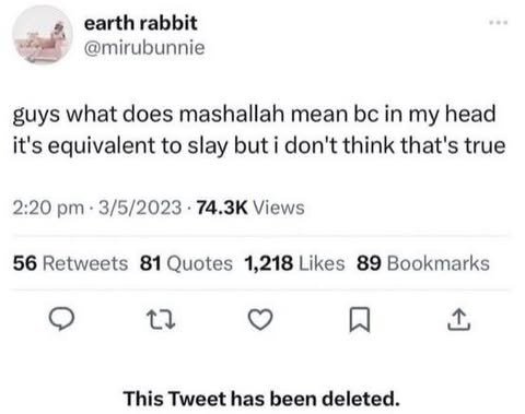 в earth rabbit @mirubunnie guys what does mashallah mean in my head it's equivalent to slay but i don't think that's true 2:20 3/5/2023 Views 56 Retweets 1,218 Likes 89 Bookmarks This Tweet has been d