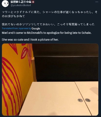 И @youkaiosikatari DELL Translated fro Japanese Google Mari and came to McDonald's to apologize for being late to Schale. She was so cute and took a picture of her. в