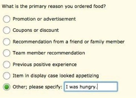 What is the primary reason you ordered food? Promotion or advertisement Coupons or discount Recommendation from a friend or family member Team member recommendation Previous positive experience Item i