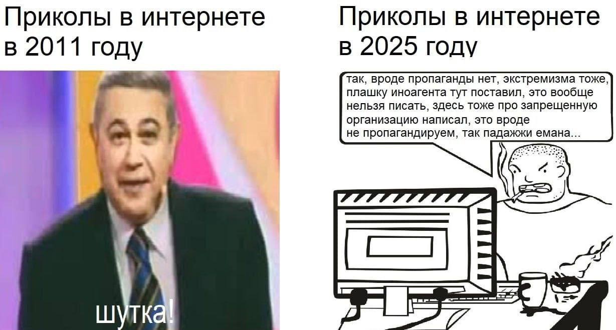 Приколы в интернете Приколы в интернете В 2025 году В 2011 году так, вроде пропаганды нет, экстремизма тоже плашку иноагента тут поставил, это вообще нельзя писать, здесь тоже про запрещенную организа
