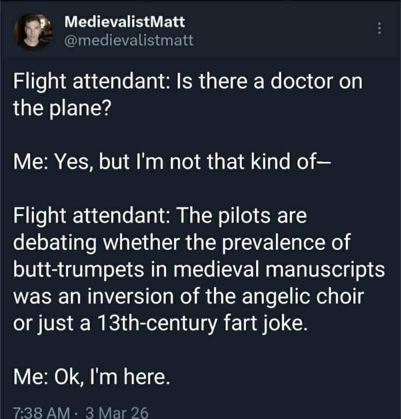 {Ман Flight attendant: Is there a doctor the plane? Me: Yes, but not that kind of— Flight attendant: The pilots are debating whether the prevalence of butt-trumpets in medieval manuscripts was an inve