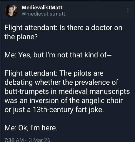 {Ман Flight attendant: Is there a doctor the plane? Me: Yes, but not that kind of— Flight attendant: The pilots are debating whether the prevalence of butt-trumpets in medieval manuscripts was an inve