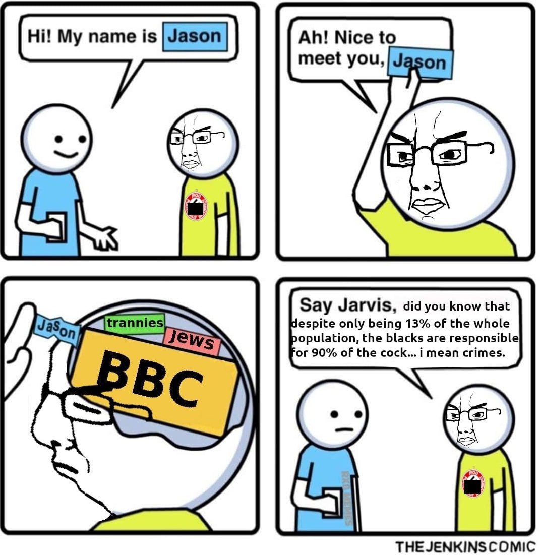 НИ пате 1$ Nice to meet you, aks Say Jarvis, did you know that lespite only being 13% of the whole opulation, the blacks are responsible ‘or 90% of the cock... i mean crimes. THEJENKINSCOMIC
