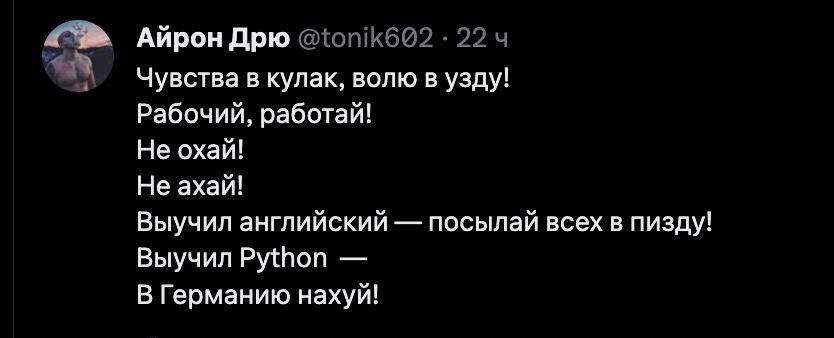 Айрон Дрю @tonik622 22 Чувства в кулак, волю в узду! Рабочий, работай! Не охай! Не ахай! Выучил английский посылай всех в пизду! Выучил Python В Германию нахуй!